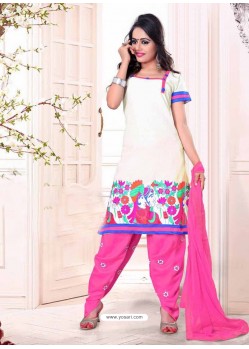White And Pink Cotton Punjabi Patiala Suit