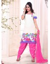 White And Pink Cotton Punjabi Patiala Suit