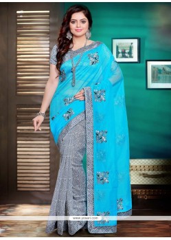 Dashing Blue Embroidered Work Net Classic Designer Saree