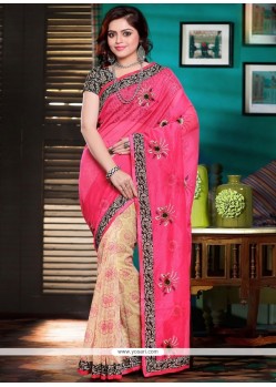 Ethnic Embroidered Work Pink Net Classic Designer Saree