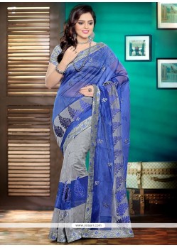 Blue And Grey Embroidered Work Net Saree