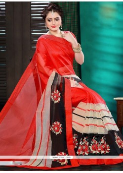 Superlative Net Red Embroidered Work Classic Designer Saree