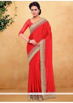 Imperial Faux Chiffon Red Embroidered Work Classic Saree