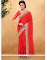 Imperial Faux Chiffon Red Embroidered Work Classic Saree