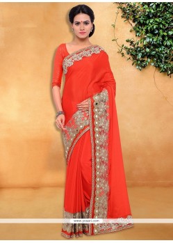 Fashionable Faux Chiffon Orange Patch Border Work Designer Saree