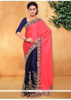 Tiptop Embroidered Work Navy Blue And Rose Pink Half N Half Designer Saree