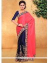 Tiptop Embroidered Work Navy Blue And Rose Pink Half N Half Designer Saree