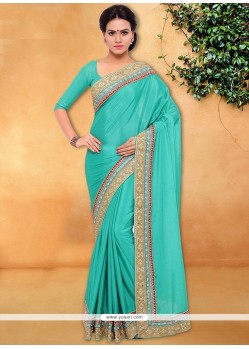 Girlish Faux Chiffon Turquoise Embroidered Work Classic Designer Saree