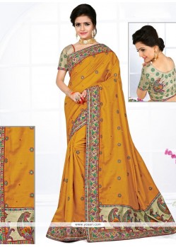 Awesome Mustard Embroidered Work Manipuri Silk Traditional Designer Saree