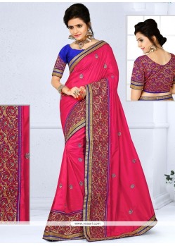 Desirable Hot Pink Patch Border Work Art Silk Traditional Saree