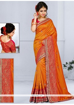 Orange Patch Border Work Art Silk Designer Traditional Saree