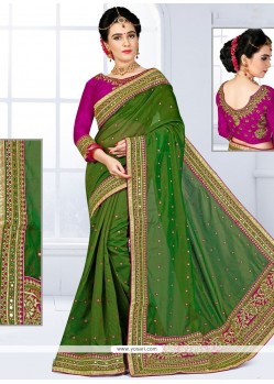 Patch Border Chanderi Designer Traditional Saree In Green