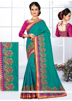 Chic Art Silk Sea Green Patch Border Work Traditional Saree