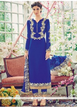 Pretty Blue Lace Work Faux Georgette Pant Style Suit