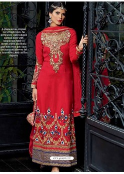 Elegant Red Tussar Silk Punjabi Suit