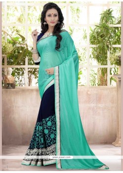 Sensible Faux Georgette Blue And Navy Blue Designer Half N Half Saree