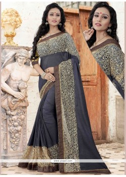 Floral Grey Patch Border Work Fancy Fabric Saree