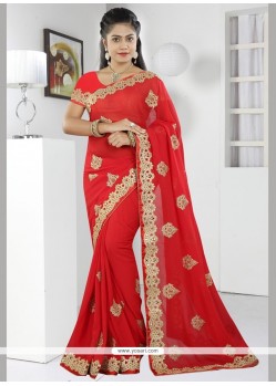 Fascinating Red Embroidered Work Designer Saree