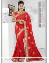 Fascinating Red Embroidered Work Designer Saree