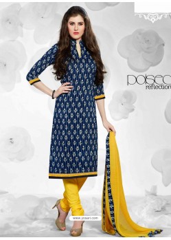 Navy Blue And Yellow Cotton Churidar Suit