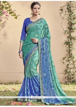 Sensible Blue And Sea Green Printed Saree