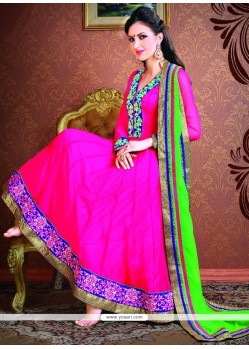 Dazzling Embroidered Work Hot Pink Faux Chiffon Anarkali Suit