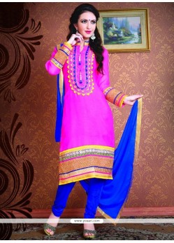 Haute Blue And Hot Pink Lace Work Chanderi Churidar Suit