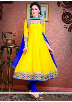 Gripping Yellow Patch Border Work Faux Georgette Anarkali Suit