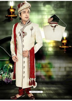 Striking Brocade Fabric Cream Color Sherwani