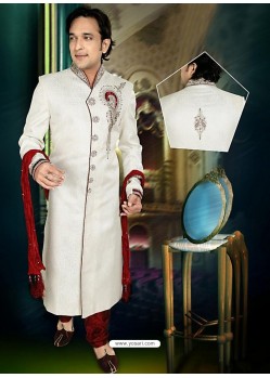 Men's Brocade Fabric White Color Sherwani