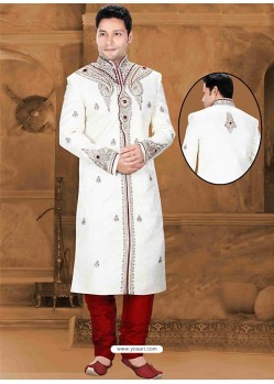 Eye-catching White Brocade Sherwani