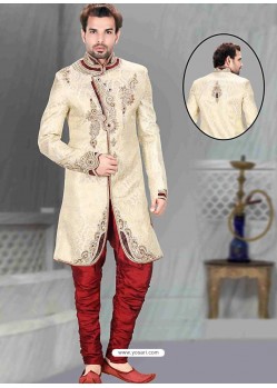 Scintillating Beige Brocade Sherwani