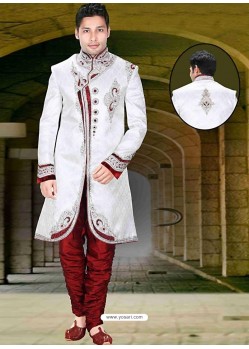 Glossy White Brocade Sherwani