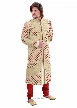 Scintillating Beige Brocade Sherwani For Groom