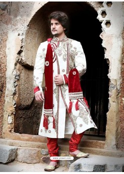 Charming White Brocade Sherwani For Groom