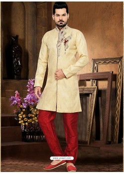 Cream Jacquard Party Wear Sherwani