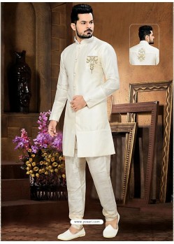 Mens White Art Silk Sherwani