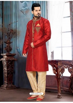 Scintillating Red Jacquard Sherwani