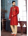 Scintillating Red Jacquard Sherwani