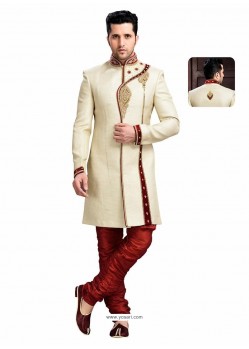 Charming Cream Jute Silk Sherwani