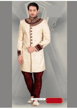 Flattering Cream Jacquard Sherwani