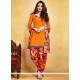 Outstanding Print Work Orange Fancy Fabric Punjabi Suit