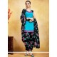 Pretty Print Work Fancy Fabric Black And Blue Punjabi Suit