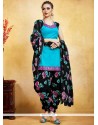 Pretty Print Work Fancy Fabric Black And Blue Punjabi Suit