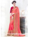 Remarkable Peach And Pink Lace Work Faux Georgette Shaded Saree