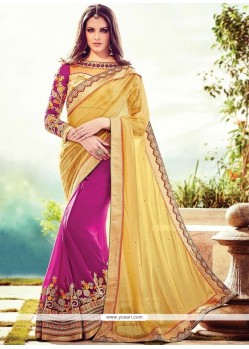 Divine Faux Georgette Beige And Purple Half N Half Designer Saree