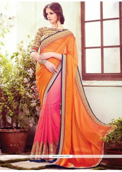 Astonishing Hot Pink And Orange Resham Work Bembarg Half N Half Designer Saree