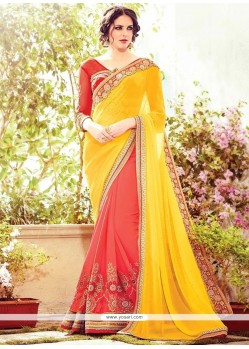 Subtle Bembarg Mustard And Rose Pink Zari Work Half N Half Saree