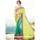 Exquisite Faux Chiffon Green And Yellow Patch Border Work Designer Half N Half Saree