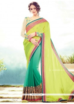 Exquisite Faux Chiffon Green And Yellow Patch Border Work Designer Half N Half Saree